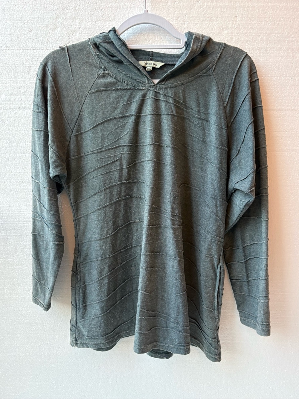Yak & Yeti Textured Knit Hooded Long Sleeve Pullover Hoodie Top Green Boho